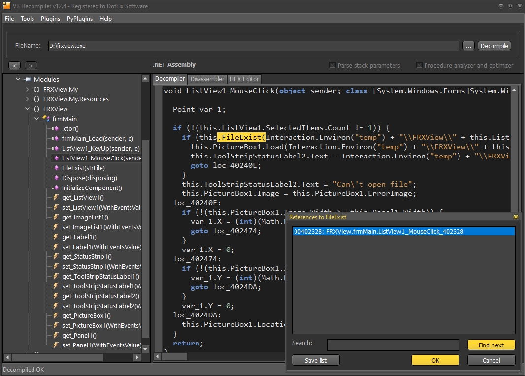 Founded references to functions VB Decompiler