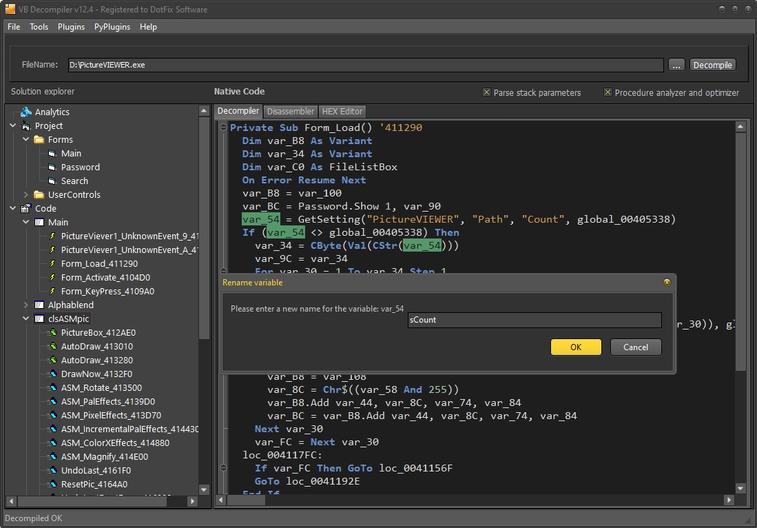 Renaming Variables 2 in VB Decompiler